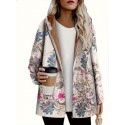 Floral Hooded Fall & Winter Jacket, Casual Open Front Long Sleeve Outerwear, Women's Clothing