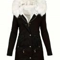 Faux Fur Hood Drawstring Parka Coat, Zip Up Button Front Pocket Thermal Overcoat, Women's Clothing