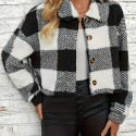 Plaid Pattern Button Front Teddy Coat, Versatile Long Sleeve Winter Thermal Outwear, Women's Clothing