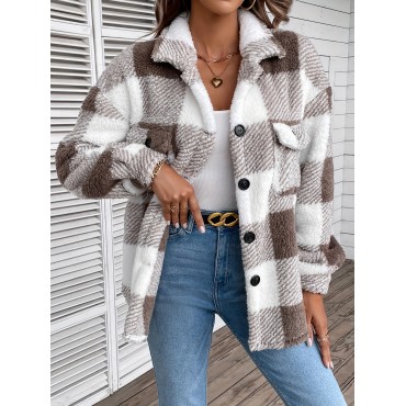 Plaid Fuzzy Fall & Winter Coat, Casual Button Front Long Sleeve Warm Outerwear, Women's Clothing