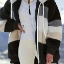 Color Block Fuzzy Fall & Winter Jacket, Casual Zip Up Hooded Long Sleeve Outerwear With Pocket, Women's Clothing