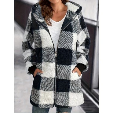 Plaid Print Hooded Jacket, Casual Long Sleeve Warm Zip Up Outerwear, Women's Clothing