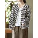 Striped Print Button Front Jacket, Casual V Neck Long Sleeve Outerwear For Spring & Summer, Women's Clothing