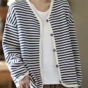 Striped Print Button Front Jacket, Casual V Neck Long Sleeve Outerwear For Spring & Summer, Women's Clothing