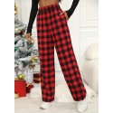 Plaid Print Wide Leg Pants, Casual Elastic Waist Slant Pocket Pants, Women's Clothing