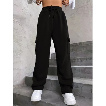 Solid High Waist Pants, Casual Drawstring Pants With Pockets, Women's Clothing