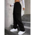 Solid High Waist Pants, Casual Drawstring Pants With Pockets, Women's Clothing