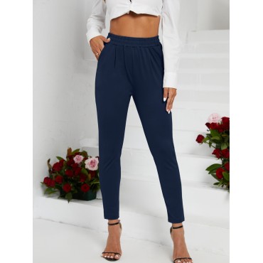 Black Skinny Cigarette Pants, High Waist Beltless Semi Stretch Pants, Elegant Bottoms For Work, Women's Clothing