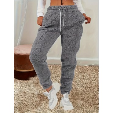 Solid Fuzzy Jogger Pants, Casual Drawstring Waist Warm Pants With Pocket, Women's Clothing