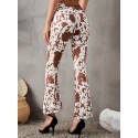 Cow Print Flare Leg Ankle Pants, Elegant Elastic Waist Slim Pants, Women's Clothing