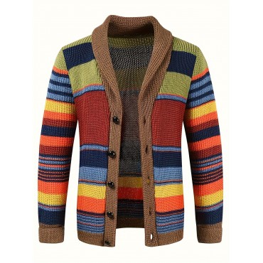 Elegant High Stretch Ethnic Retro Cardigan, Men's Casual Vintage Style V Neck Button Up Cardigan Sweater Coat For Fall Winter