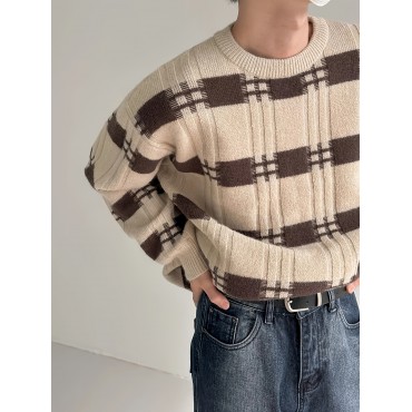 Preppy Stripes Pattern Knitted Sweater, Men's Loose Casual Warm Mid Stretch Crew Neck Pullover Sweater For Men Fall Winter