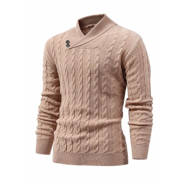 All Match Knitted Shawl Collar Sweater, Men's Casual Warm High Stretchy Pullover Sweater For Fall Winter