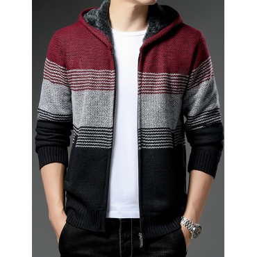 Men's Full Zip Up Casual Fleece Lined Hooded Cardigan, Regular Fit Knitted Sweater Jacket Coat With Pockets For Winter Fall