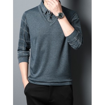 Fake Two-piece Design Preppy Chic Knit Shirt, Men's Casual Lapel Mid Stretch V-Neck Pullover Sweater For Men Winter Fall