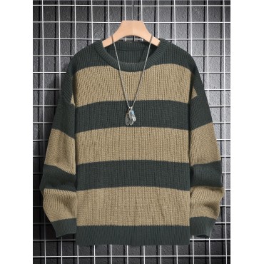 Trendy Men's Color Block Knitted Sweater - Warm And Comfortable Loose Pullover For Stylish Men