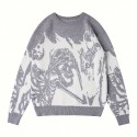 Y2K Long Sleeve Sweater, Loose Casual Sweater Skull Pattern Knitted Sweater, Men's Warm Slightly Stretch Crew Neck Pullover Sweater For Men Fall Winter