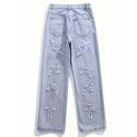 Embroidery Loose Ripped Cotton Blend Jeans, Men's Casual Street Style Distressed Denim Pants For Spring Summer