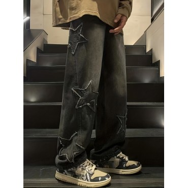 Star Pattern Baggy Jeans, Men's Casual Street Style Mopping Pants