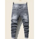 Slim Fit Patchwork Jeans, Men's Casual Street Style Distressed Stretch Denim Pants