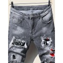 Slim Fit Patchwork Jeans, Men's Casual Street Style Distressed Stretch Denim Pants