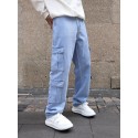 Men's Multi Pocket Jeans, Casual Loose Fit Straight Leg Jeans