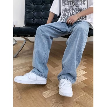 Men's Loose Wide Leg Jeans, Casual Street Style Denim Pants