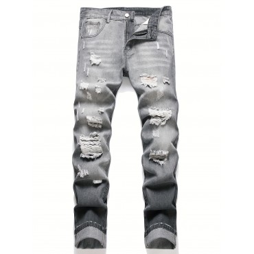 Men's Regular Ripped Jeans, Casual Street Style Distressed Denim Pants