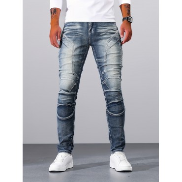 Men's Casual Vintage Style Denim Pants, Street Style Skinny Biker Jeans