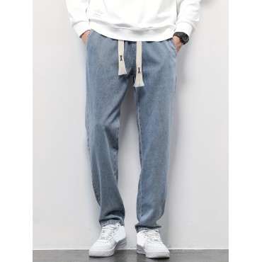 Men's Trendy Loose Jeans, Casual Comfy Breathable Straight Leg Drawstring Trousers For Outdoor Autumn