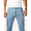 Slim Fit Multi Pocket Jeans, Men's Casual Street Style Medium Stretch Denim Cargo Pants