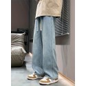 Wide Leg Cotton Blend  Drawstring Jeans, Men's Casual Street Style Loose Fit Denim Pants For Spring Summer