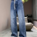 Wide Leg Cotton Blend  Drawstring Jeans, Men's Casual Street Style Loose Fit Denim Pants For Spring Summer