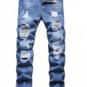 Regular Fit Ripped Jeans, Men's Casual Street Style Distressed Denim Pants For All Seasons