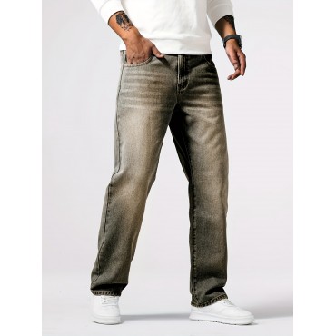 Men's Casual Loose Fit Jeans, Street Style Straight Leg Denim Pants