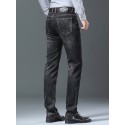 Classic Design Straight Leg Jeans For Business, Men's Semi-formal Stretch Denim Pants With Pockets For Fall Winter