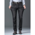 Classic Design Straight Leg Jeans For Business, Men's Semi-formal Stretch Denim Pants With Pockets For Fall Winter