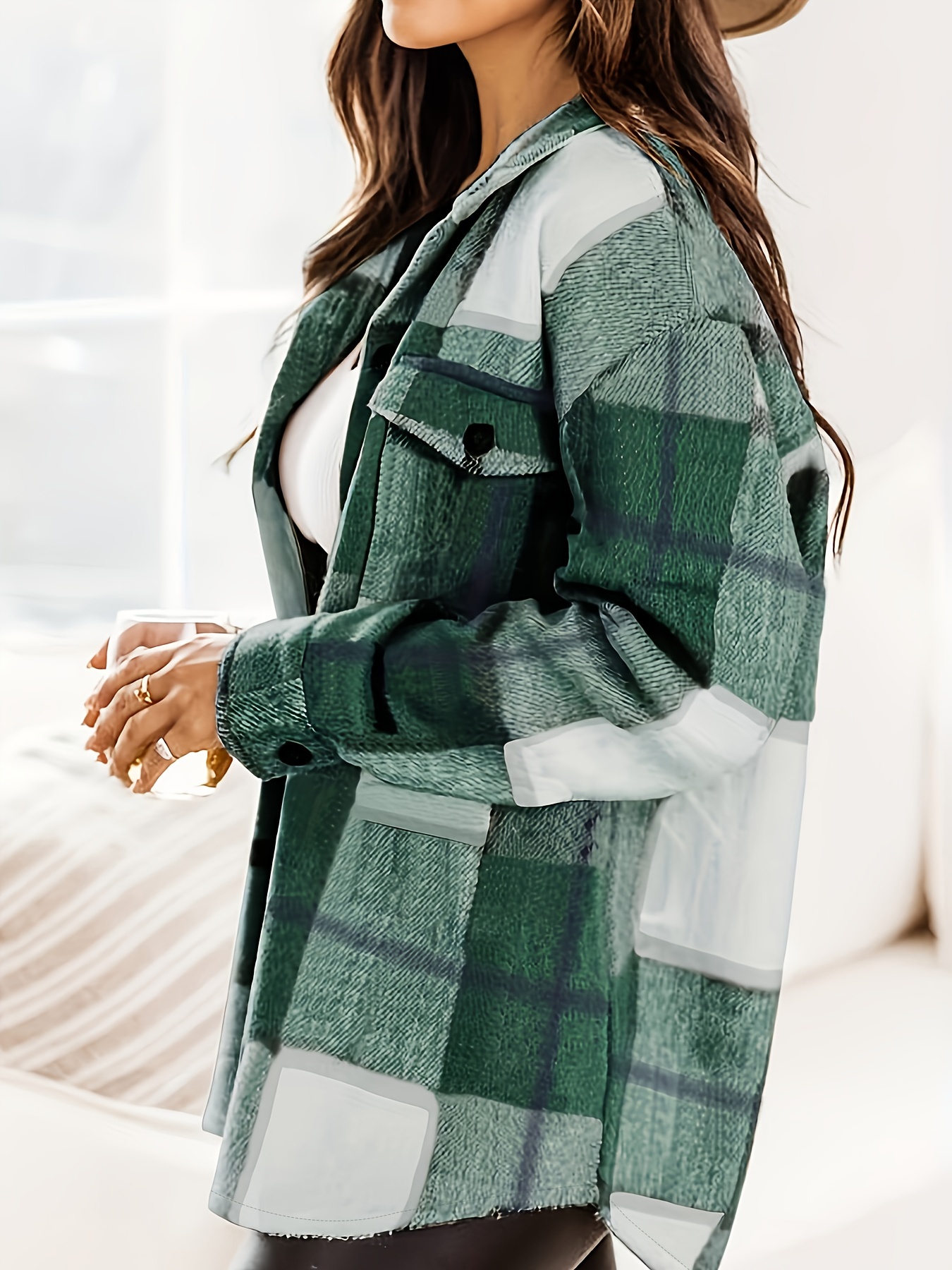 plaid print shacket jacket casual button front long sleeve outerwear womens clothing details 7