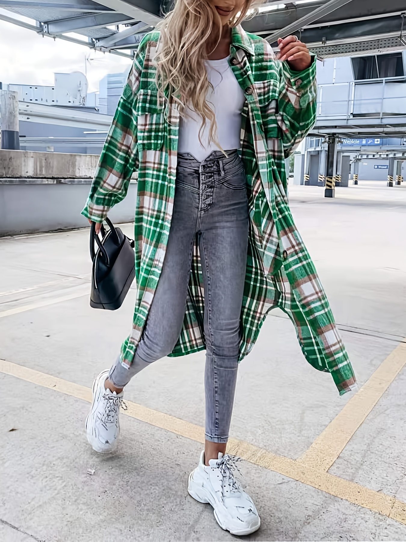 plaid print long length jacket casual button front flap pockets outwear womens clothing details 0