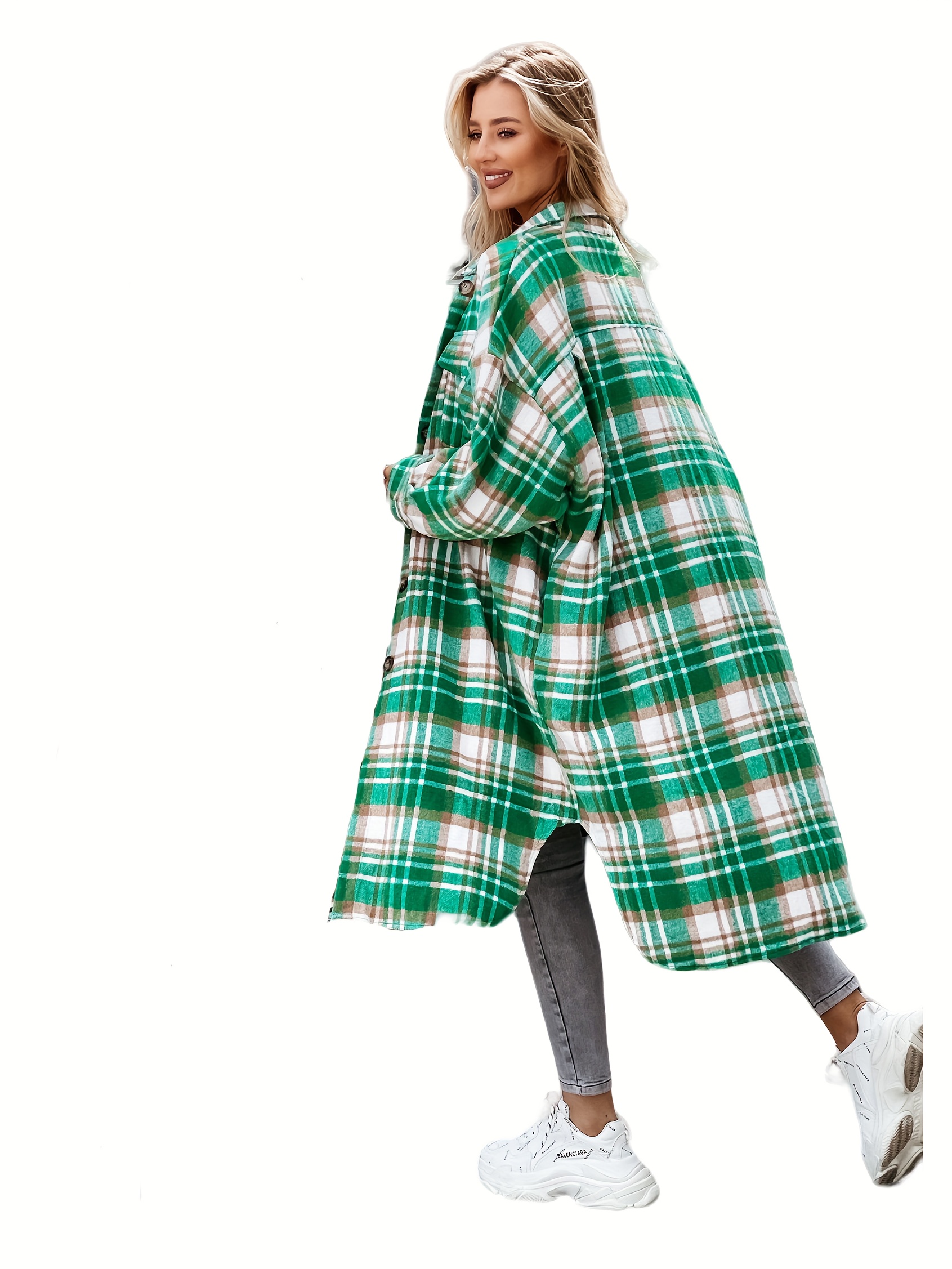 plaid print long length jacket casual button front flap pockets outwear womens clothing details 2