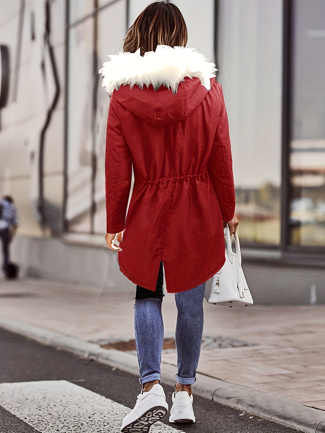 faux fur hood drawstring parka coat zip up button front pocket thermal overcoat womens clothing details 2