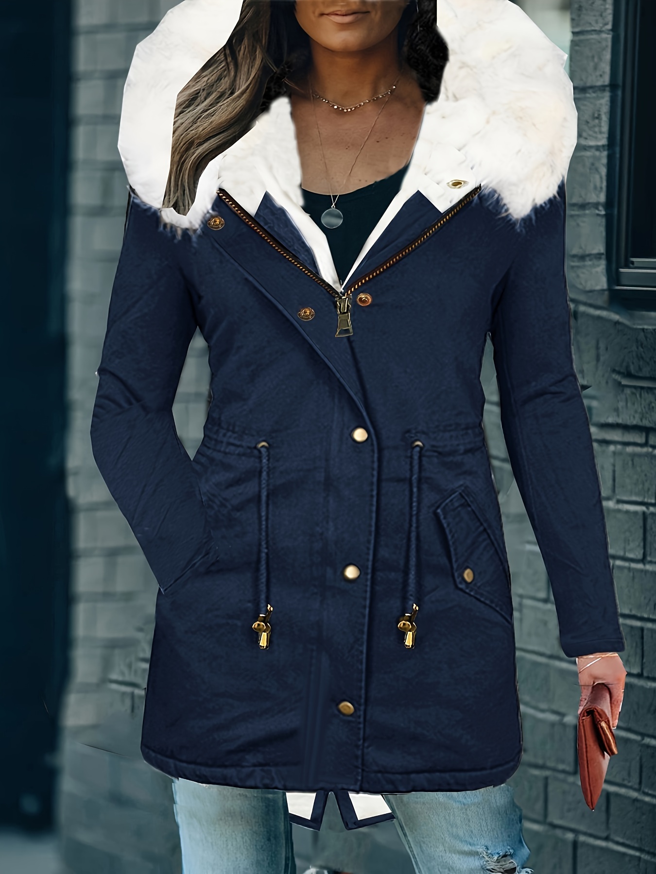 faux fur hood drawstring parka coat zip up button front pocket thermal overcoat womens clothing details 4