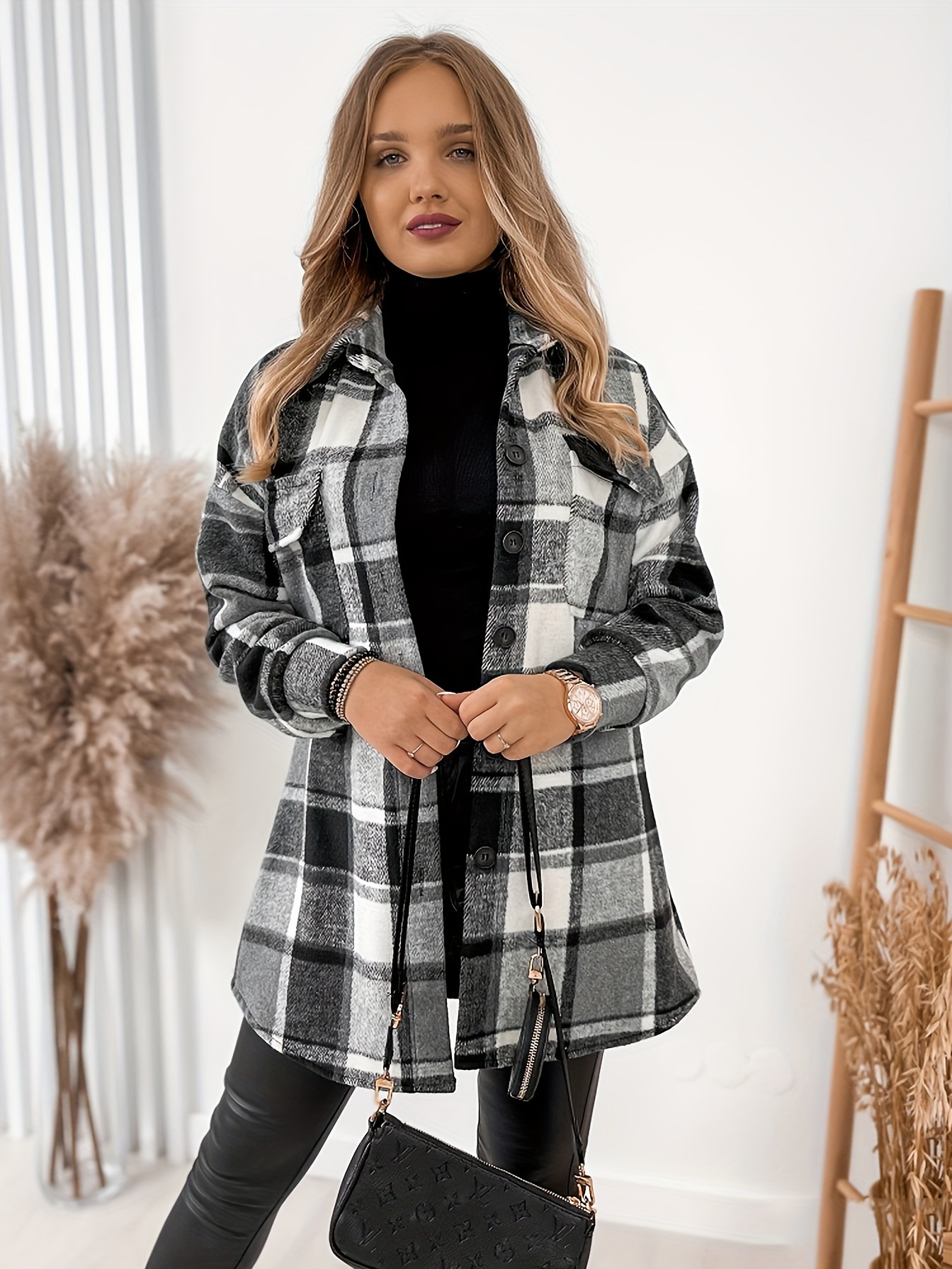 plaid print shacket jacket casual button front long sleeve pocket outerwear womens clothing details 0