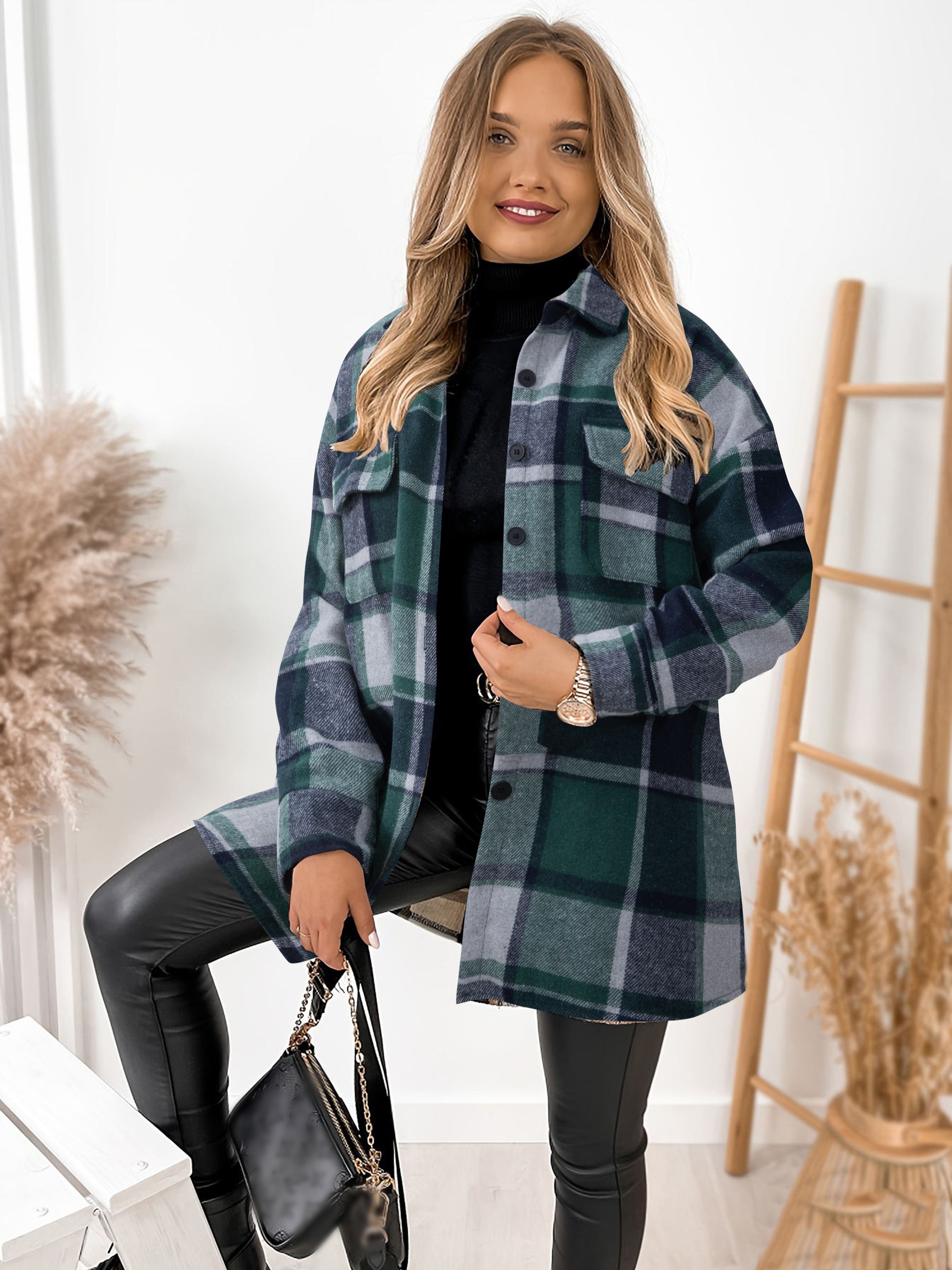 plaid print shacket jacket casual button front long sleeve pocket outerwear womens clothing details 8