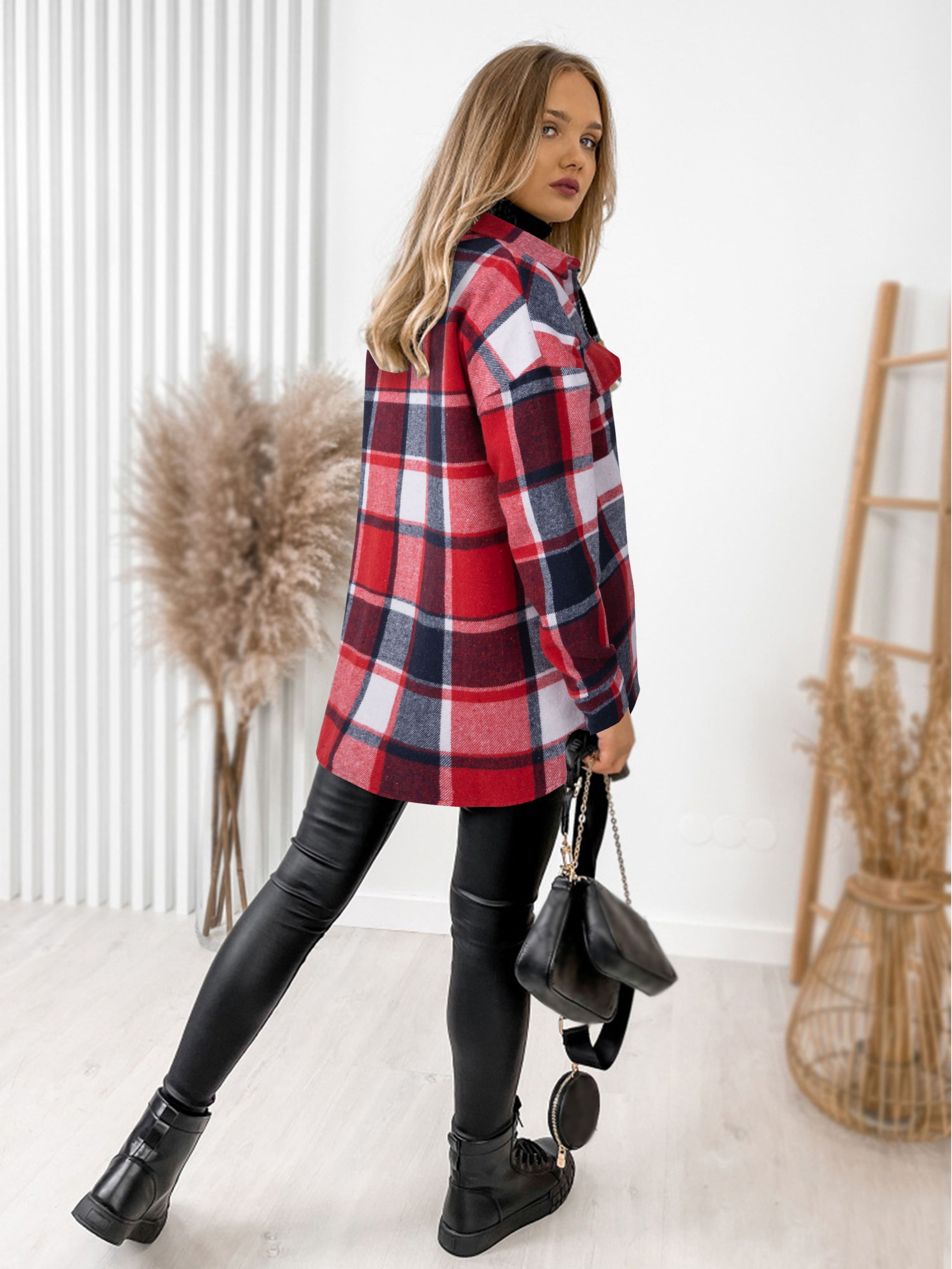 plaid print shacket jacket casual button front long sleeve pocket outerwear womens clothing details 15