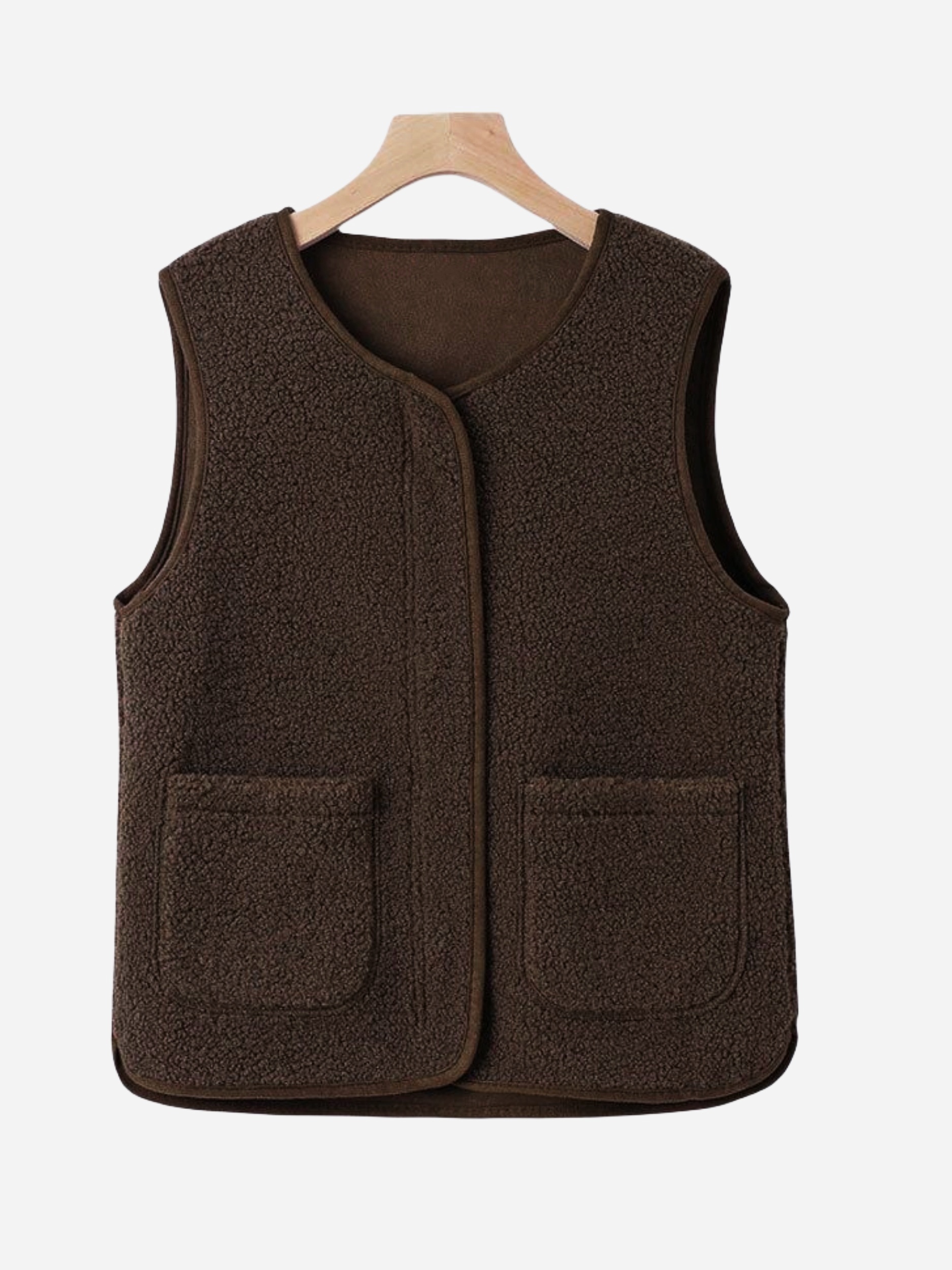 solid zipper patched pockets teddy vest versatile sleeveless warm outwear for fall winter womens clothing details 4