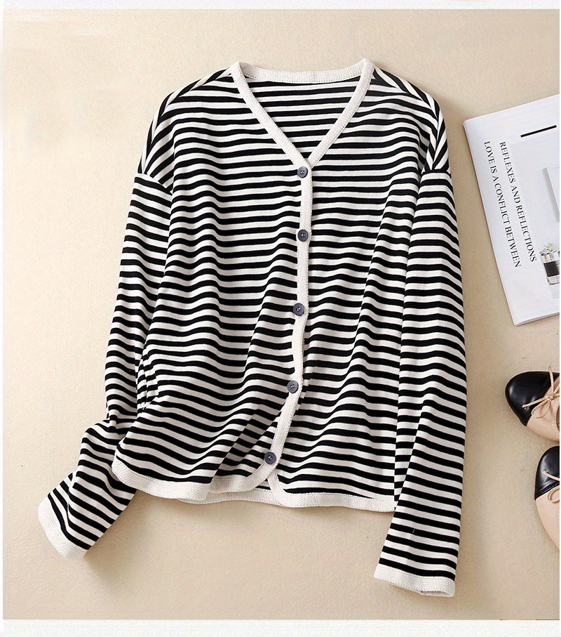 striped print button front jacket casual v neck long sleeve outerwear for spring summer womens clothing details 8