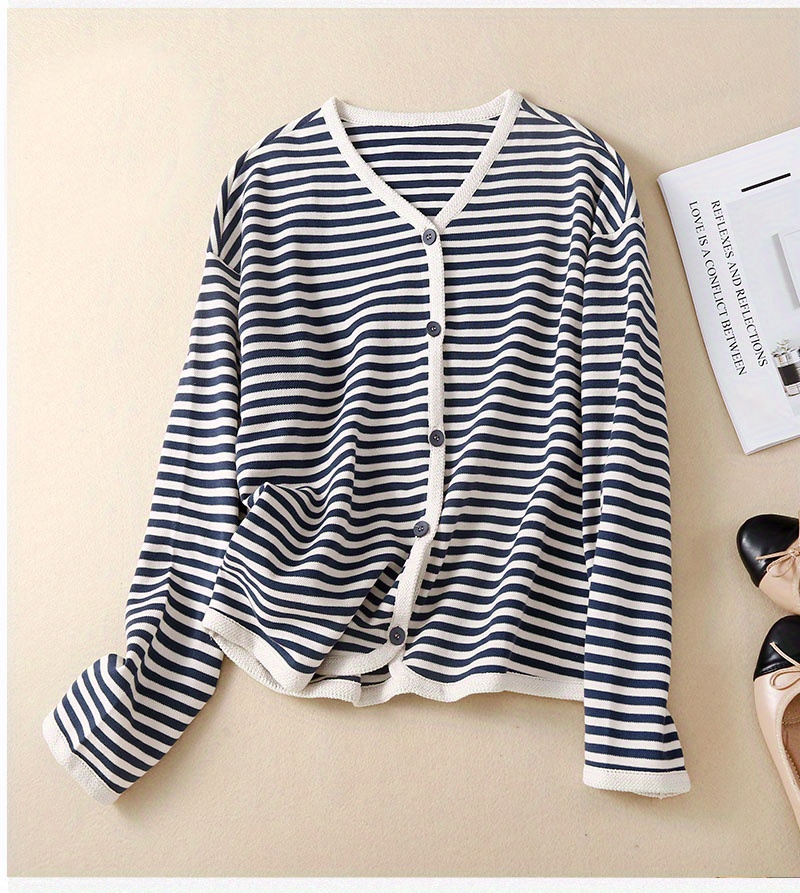 striped print button front jacket casual v neck long sleeve outerwear for spring summer womens clothing details 11