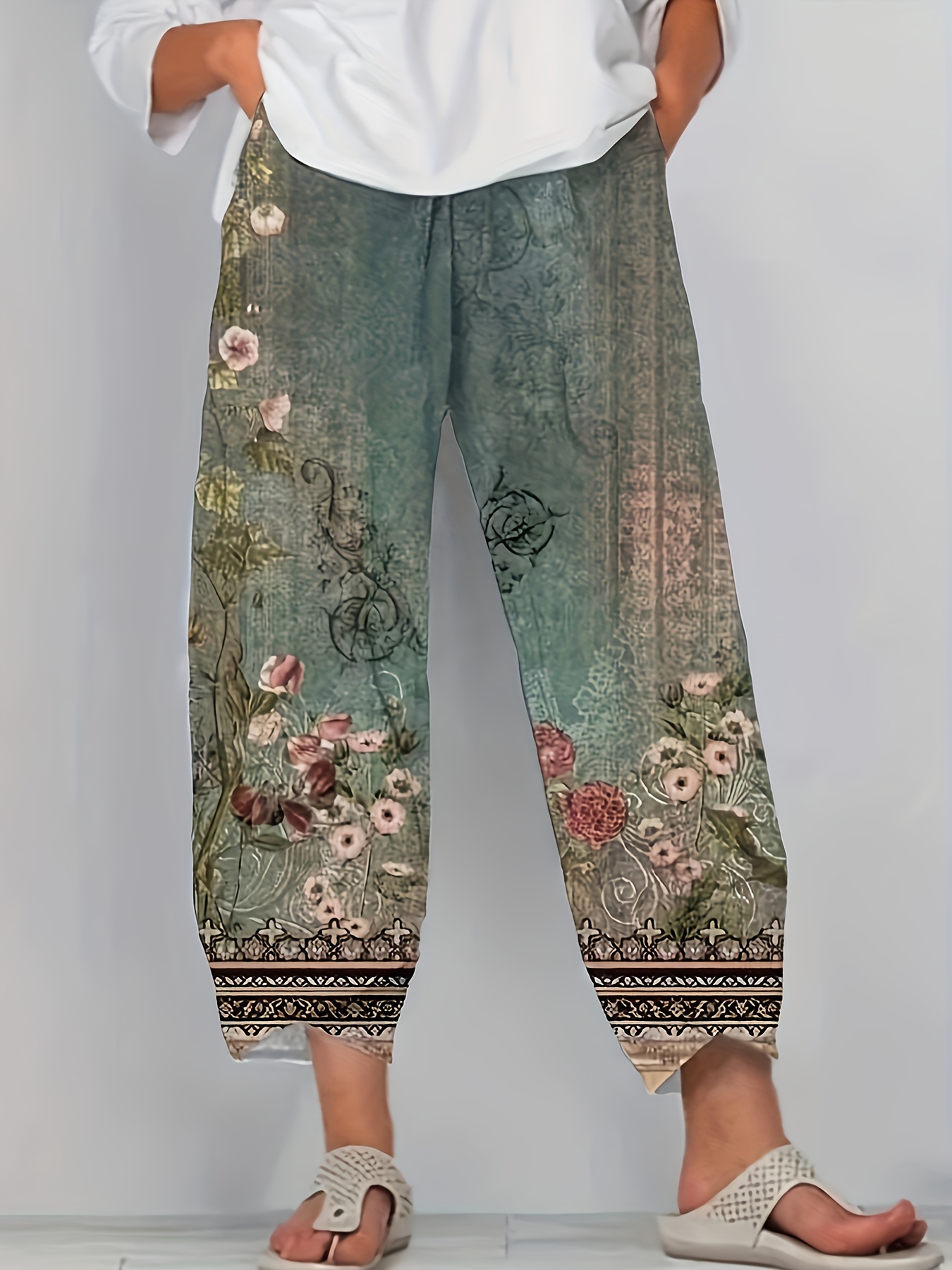 floral print elastic waist pants casual wide leg cropped pants womens clothing details 3