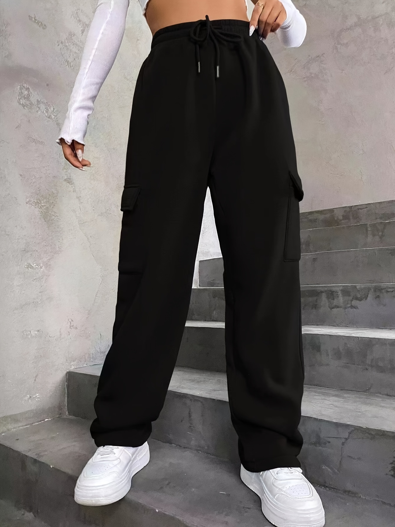 solid high waist pants casual drawstring pants with pockets womens clothing details 4